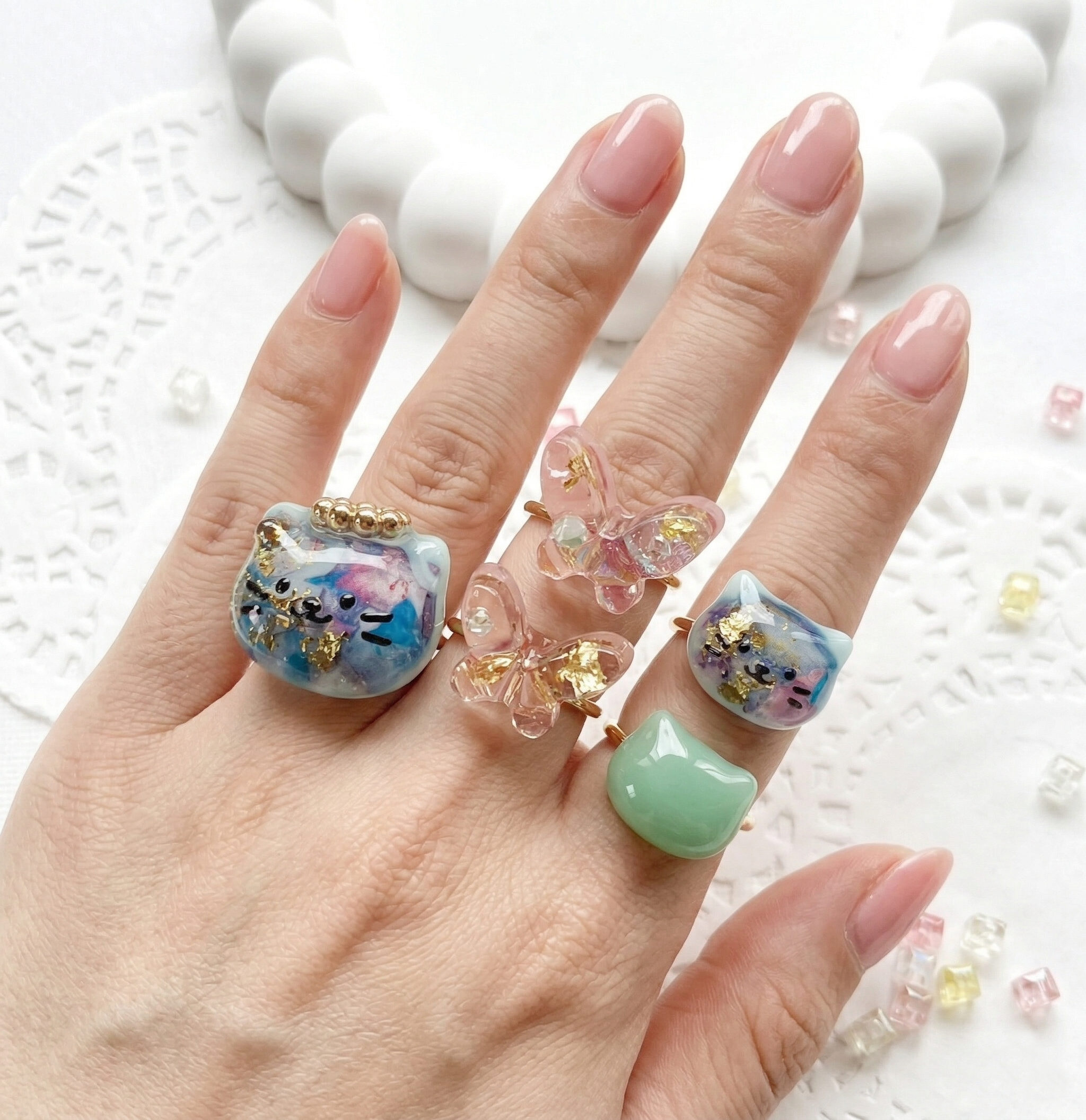 Japanese kawaii adjustable ring set 5pcs worn together on hand